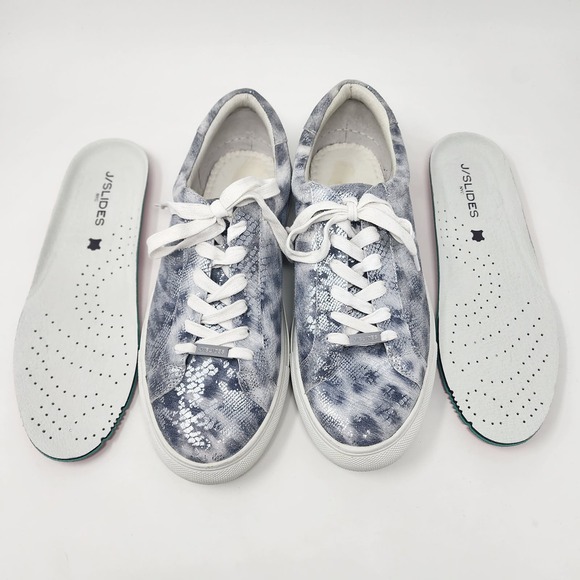 J/Slides Sneaker Women 9.5M Lucki Silver Metallic Snake Leather Comfort Studded - Picture 11 of 14